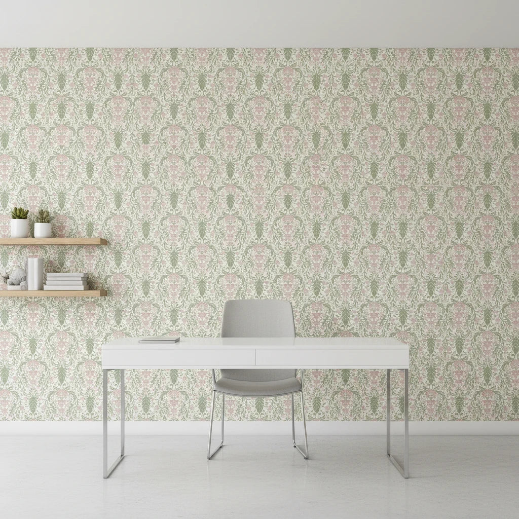 Vintage Rose Weave sage green and pink damask wallpaper as a feature wall in a bright home office