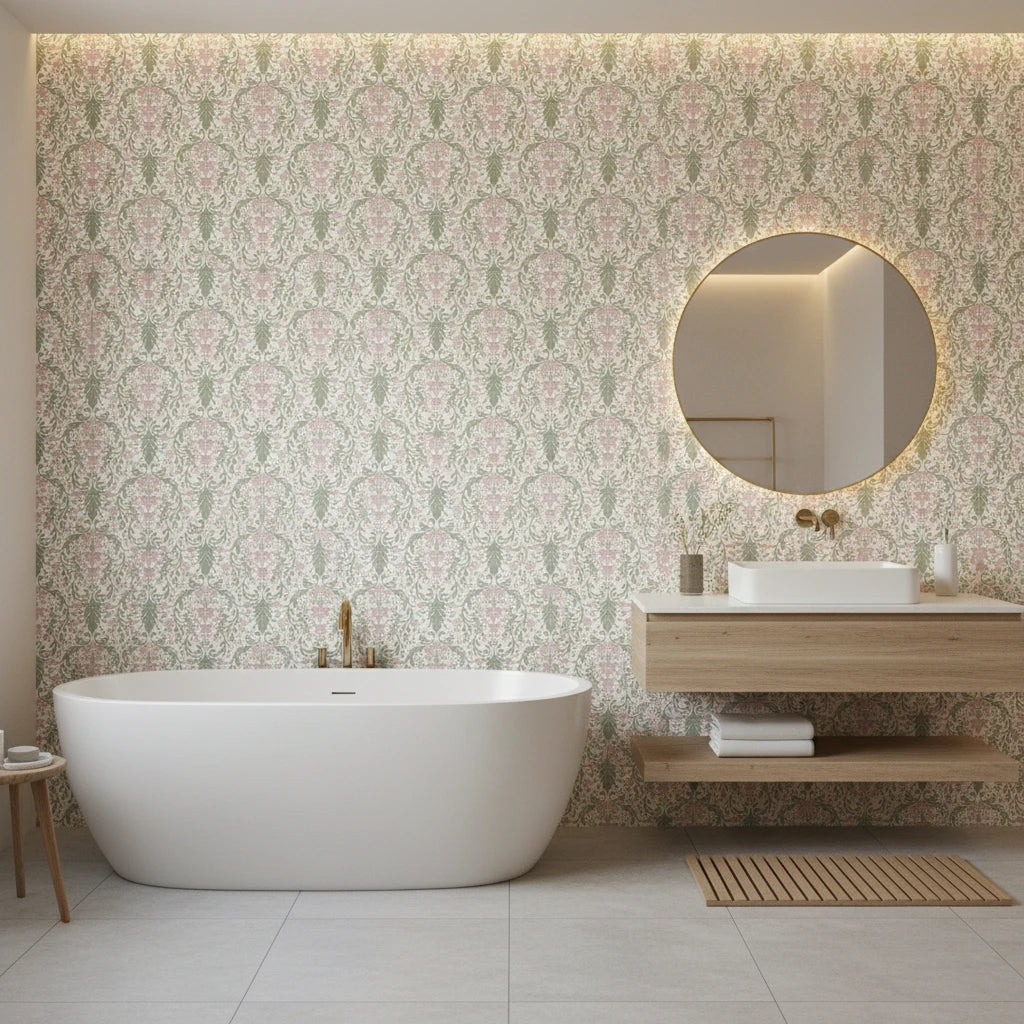 Vintage Rose Weave sage green and pink damask wallpaper creating ambiance in a serene bathroom
