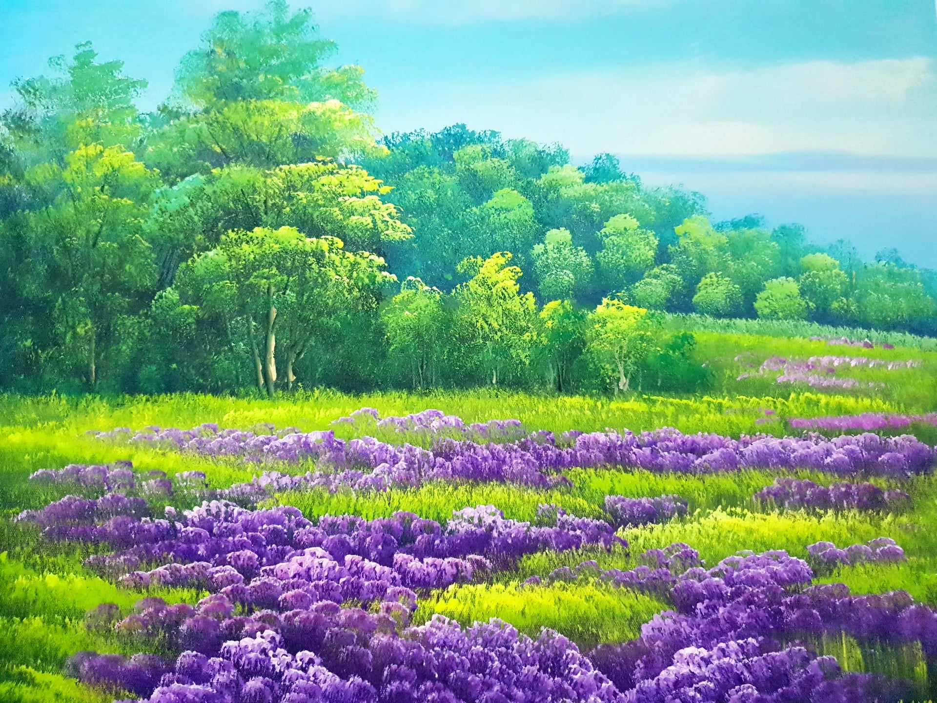 Violet Drift lavender field landscape wallpaper creating ambiance in a serene bathroom