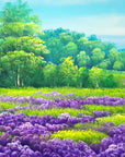 Violet Drift lavender field landscape wallpaper creating ambiance in a serene bathroom