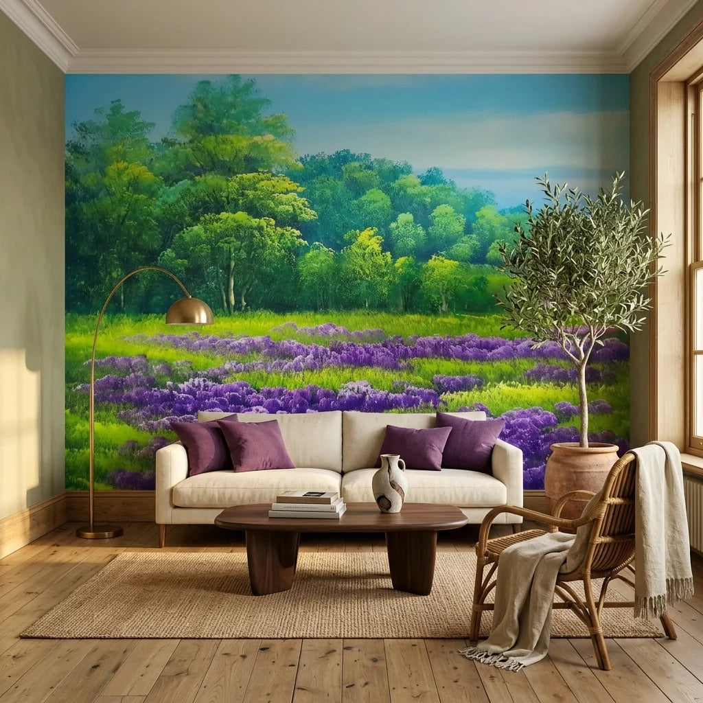 Smooth purple lavender field landscape pastoral peel and stick wallpaper - Violet Drift