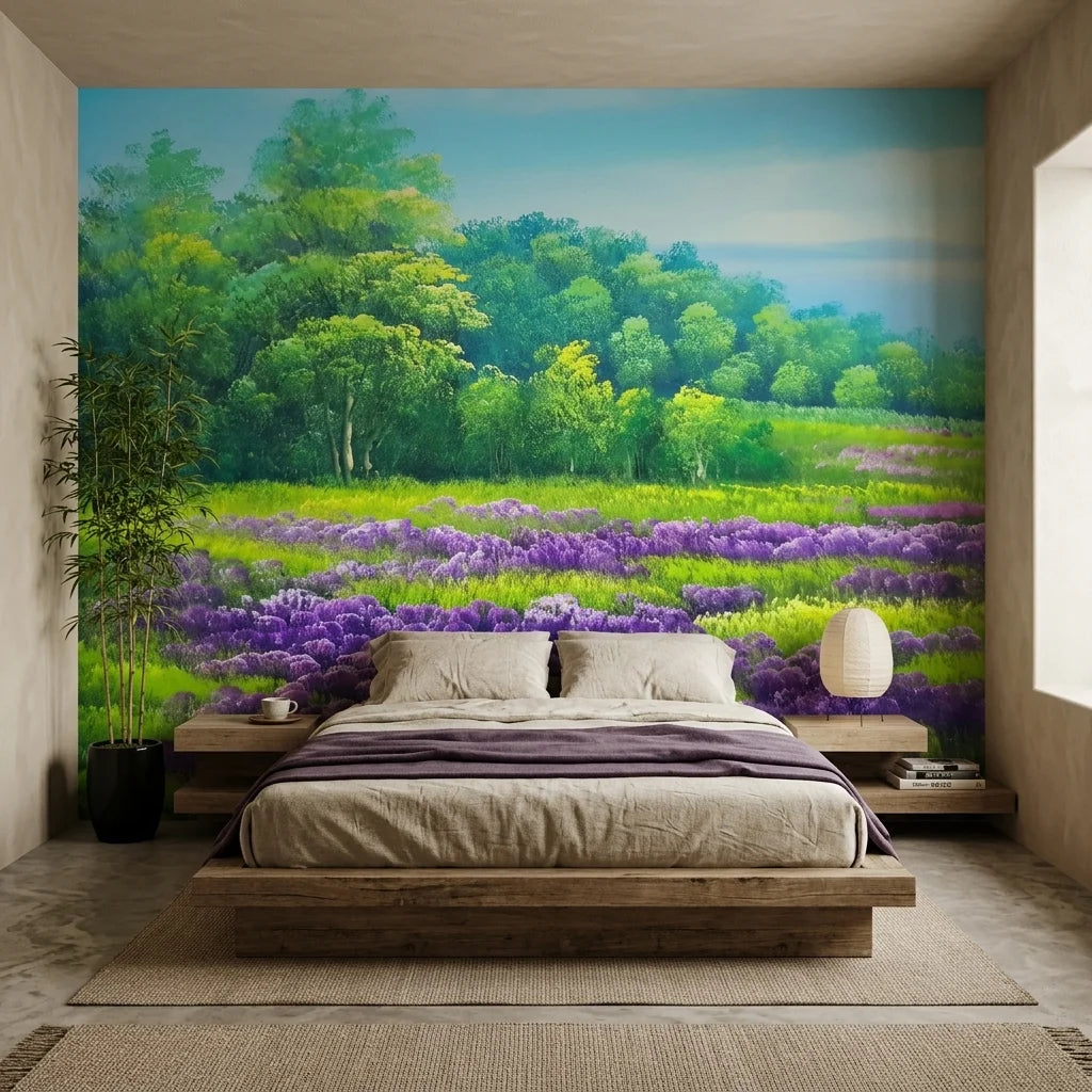 Violet Drift lavender field landscape wallpaper in a warm and inviting living room