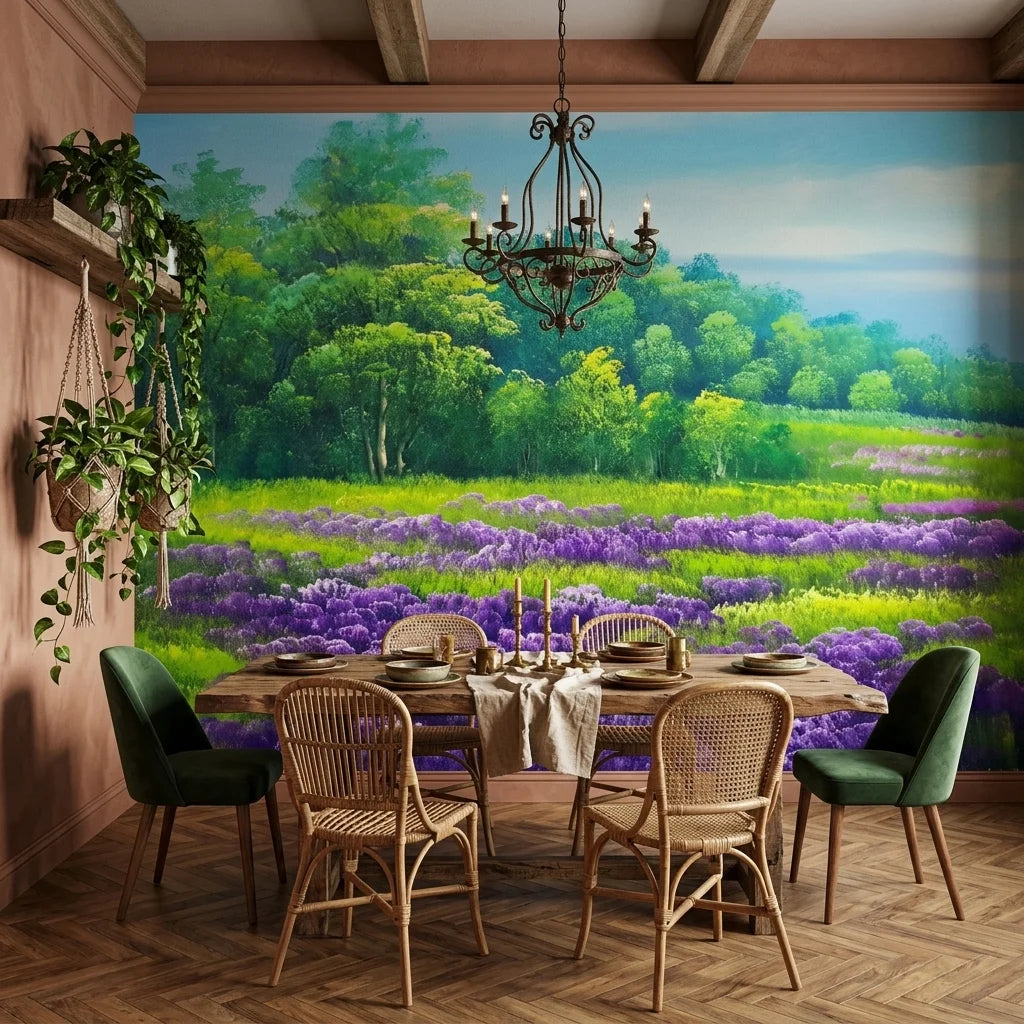 Violet Drift lavender field landscape wallpaper adding character to a cozy bedroom
