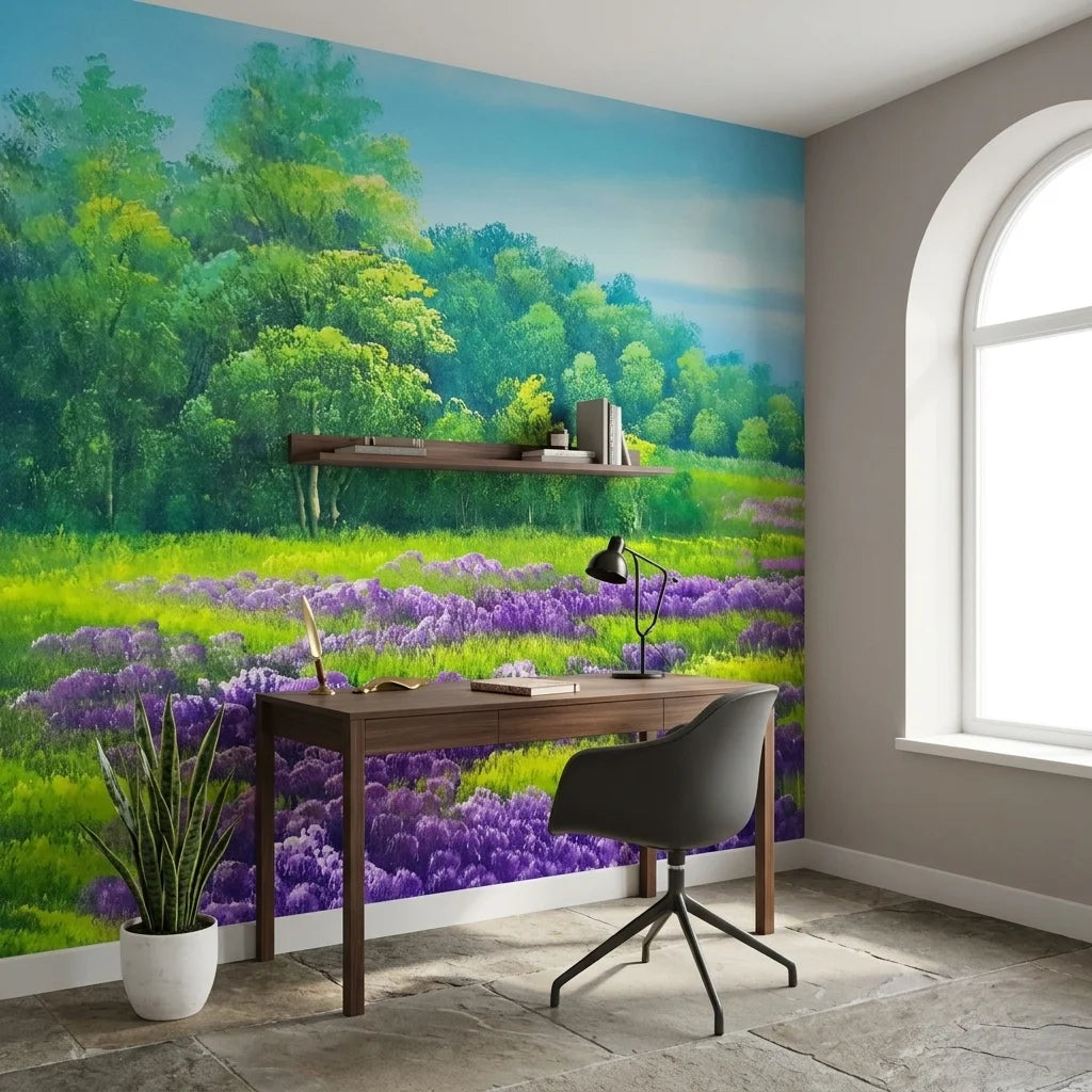 Violet Drift lavender field landscape wallpaper as a feature wall in a bright home office