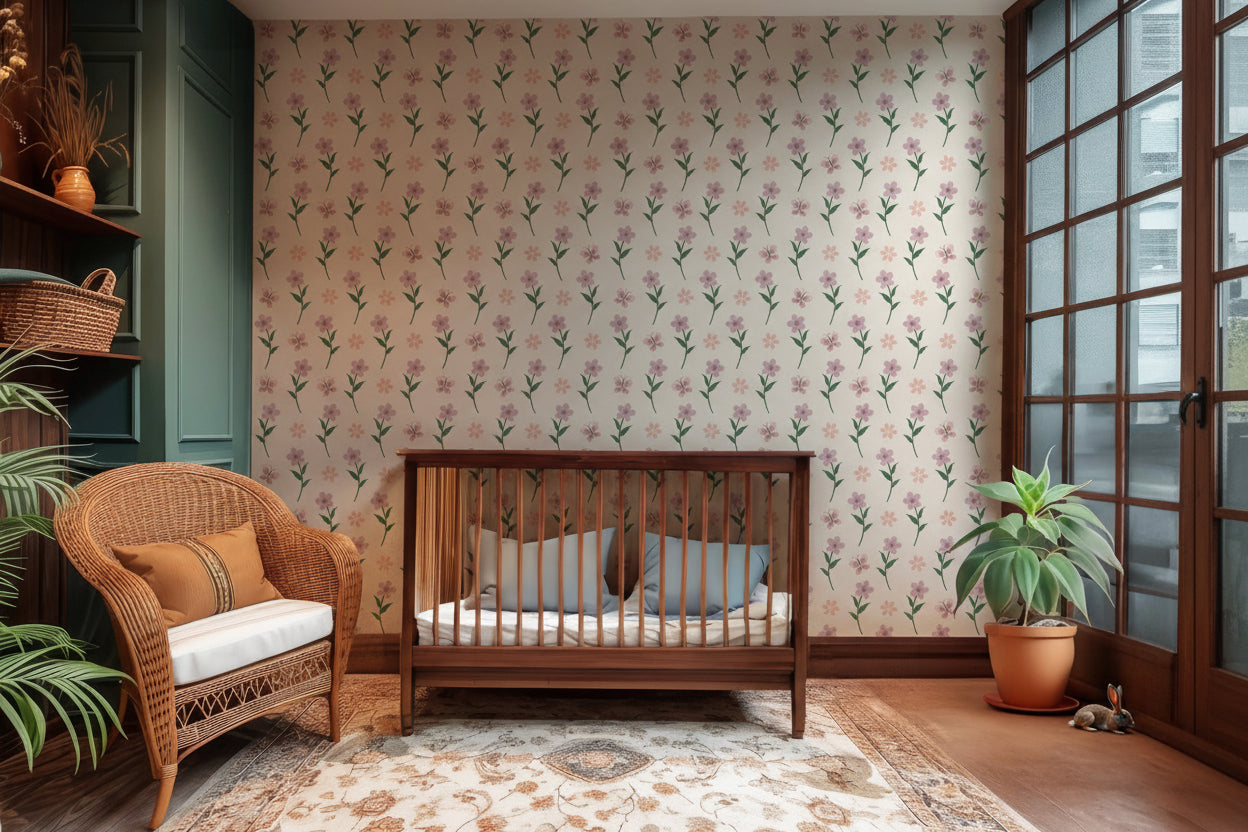 Muted ivory wallpaper patterned with purple blossoms and accented by pink butterflies