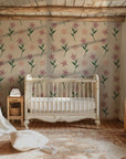 Cream-colored wallpaper subtly patterned with pink butterflies and violet blooms