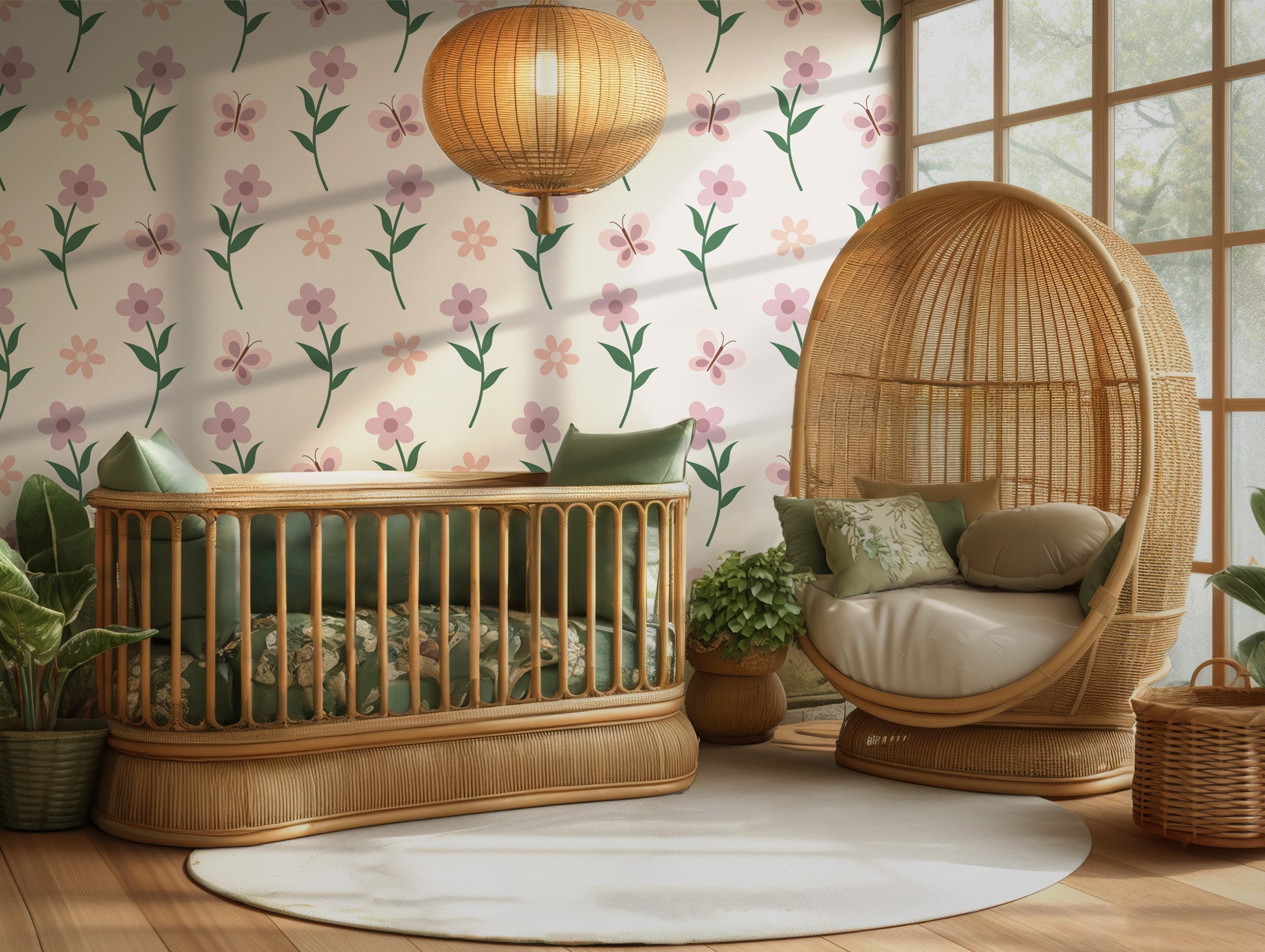 Decorative wallpaper, creamy white, featuring motifs of purple flowers and small pink butterflies.