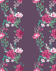 Self-adhesive purple wall covering featuring magenta trailing floral vines, named Violet Waltz