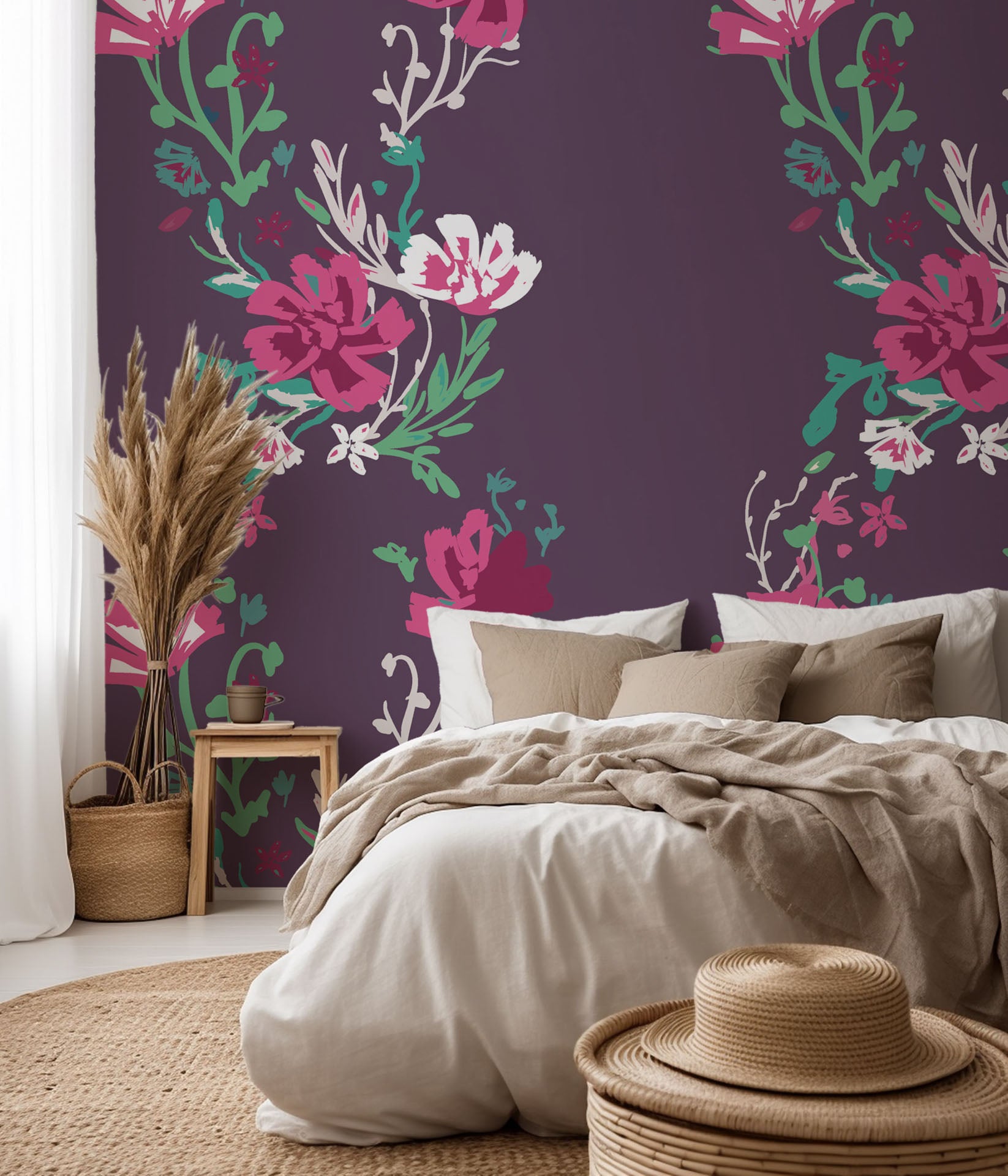 Removable, self-adhesive violet wall covering patterned with magenta floral vines (Violet Waltz)