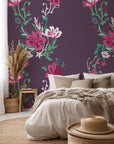 Removable, self-adhesive violet wall covering patterned with magenta floral vines (Violet Waltz)