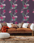 Violet Waltz self-adhesive wall covering, decorated with magenta flowering vines on a purple background