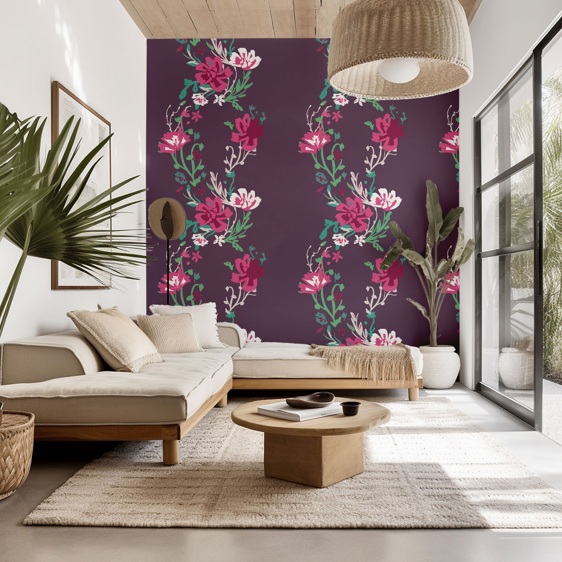 The Violet Waltz self-adhesive wall covering, showing a magenta floral vine design on a purple background.