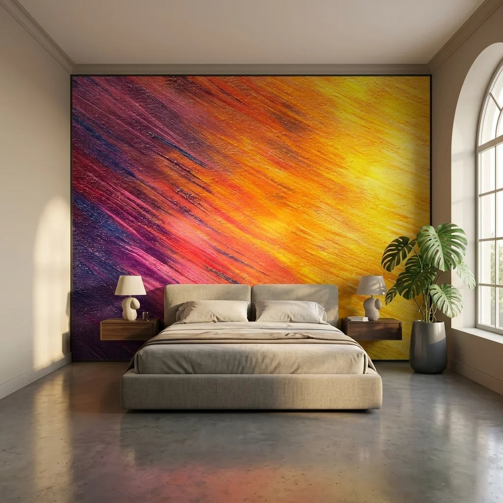 Violet & Ember vibrant sunset abstract wallpaper in a warm and inviting living room