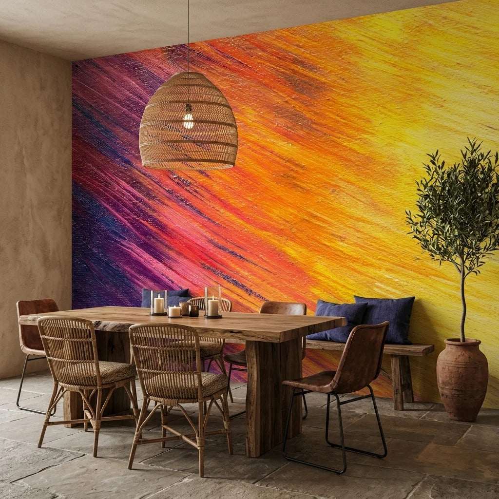 Violet & Ember vibrant sunset abstract wallpaper adding character to a cozy bedroom