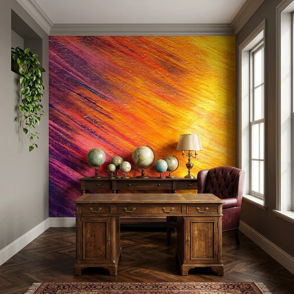 Violet & Ember vibrant sunset abstract wallpaper as a feature wall in a bright home office