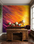 Violet & Ember vibrant sunset abstract wallpaper as a feature wall in a bright home office