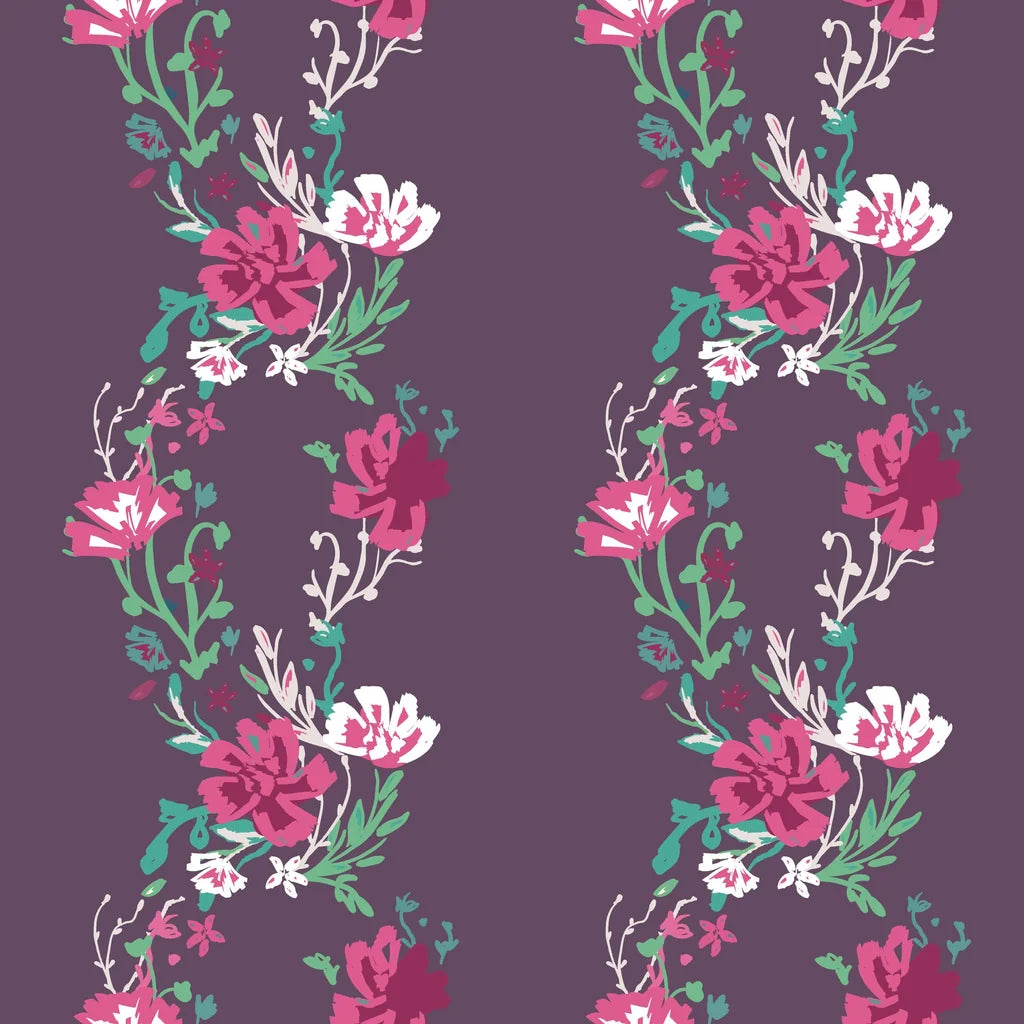 Self-adhesive purple wall covering featuring magenta trailing floral vines, named Violet Waltz