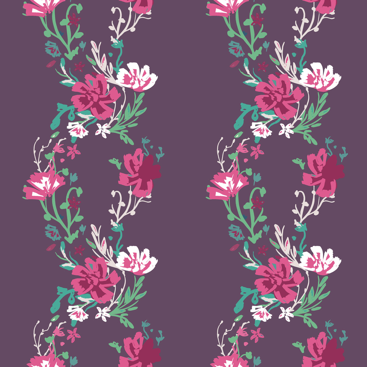 Self-adhesive purple wall covering featuring magenta trailing floral vines, named Violet Waltz