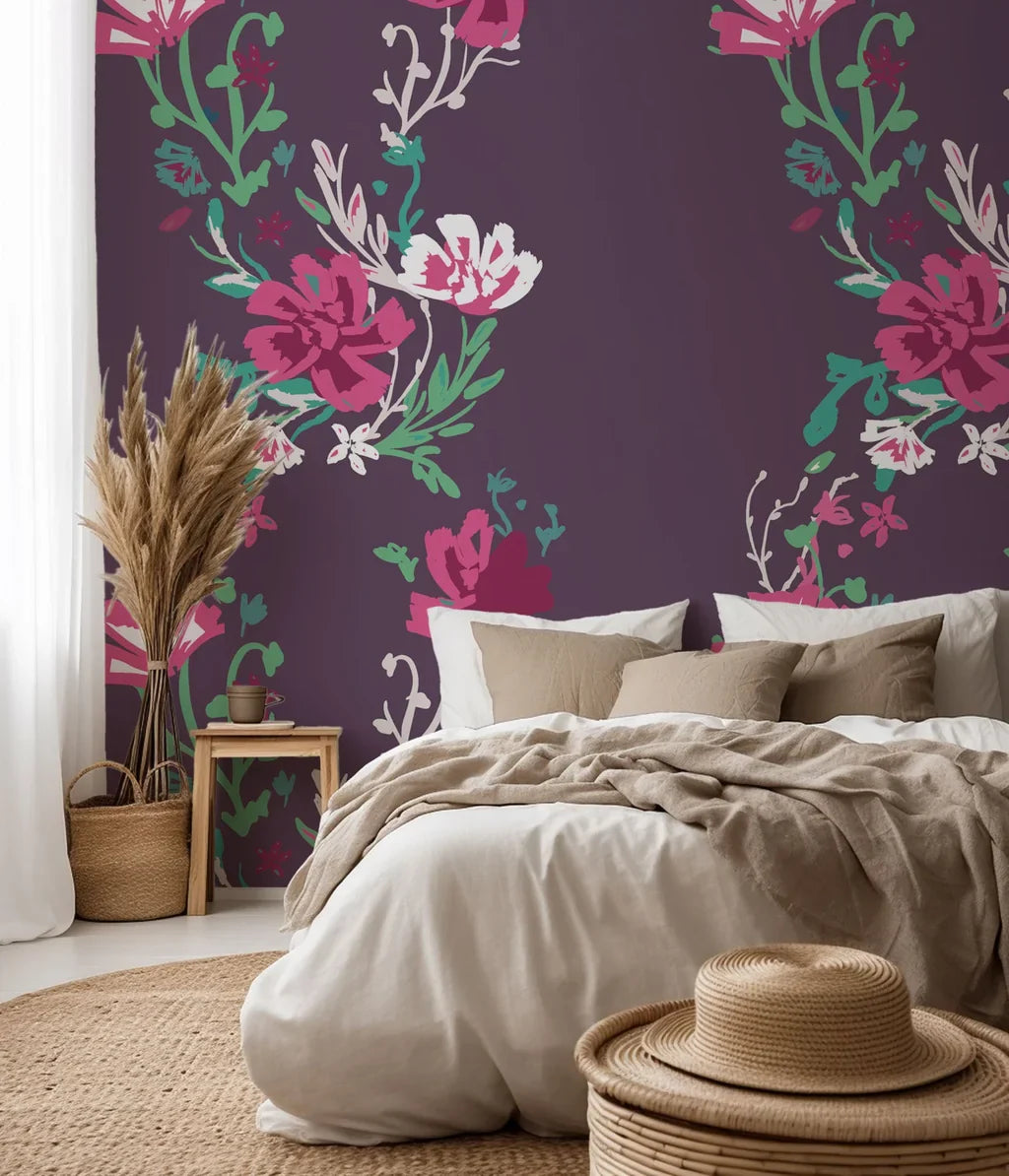 Removable, self-adhesive violet wall covering patterned with magenta floral vines (Violet Waltz)