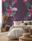 Removable, self-adhesive violet wall covering patterned with magenta floral vines (Violet Waltz)