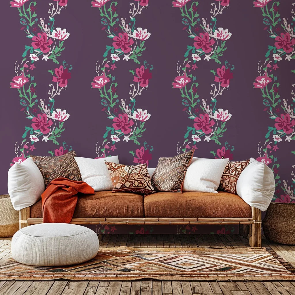 Violet Waltz self-adhesive wall covering, decorated with magenta flowering vines on a purple background