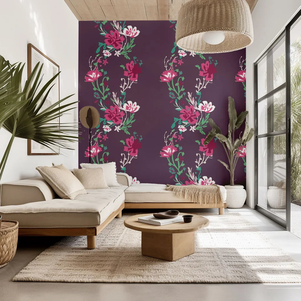 The Violet Waltz self-adhesive wall covering, showing a magenta floral vine design on a purple background.