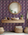 Self-adhesive wallpaper in a purple shade, decorated with a magenta trailing floral vine design (Violet Waltz)