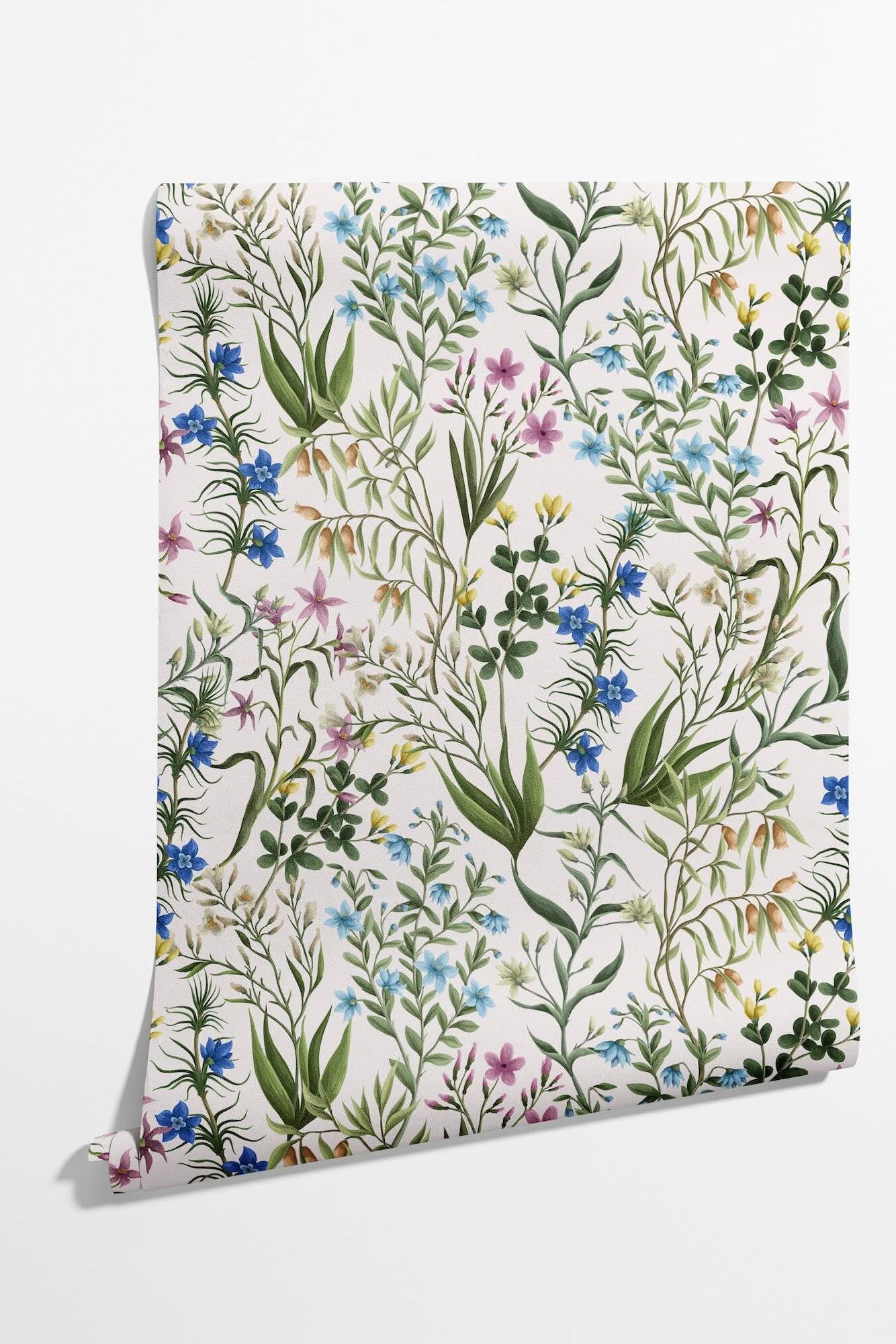 Roll of wallpaper with a floral pattern on a white background
