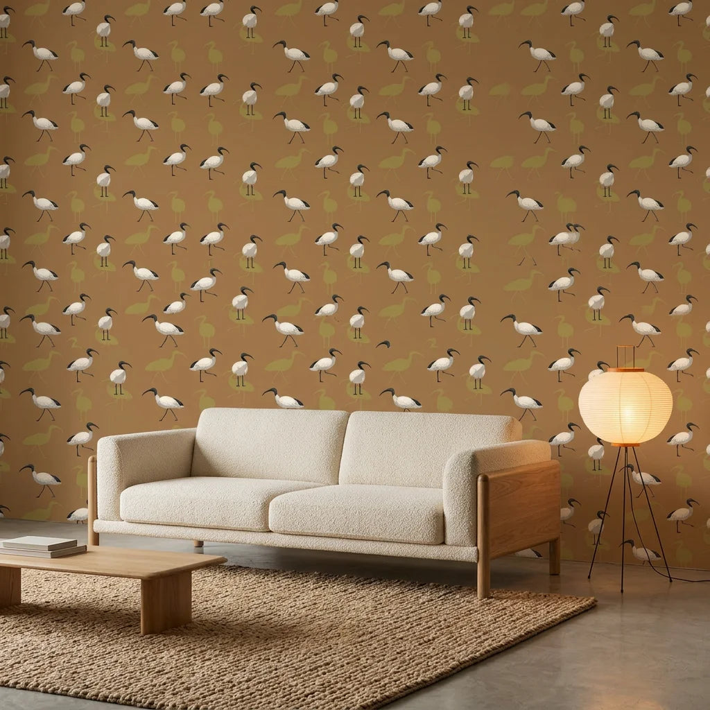 Wading Ibis dramatic rust tropical bird wallpaper in a warm and inviting living room