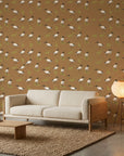 Wading Ibis dramatic rust tropical bird wallpaper in a warm and inviting living room