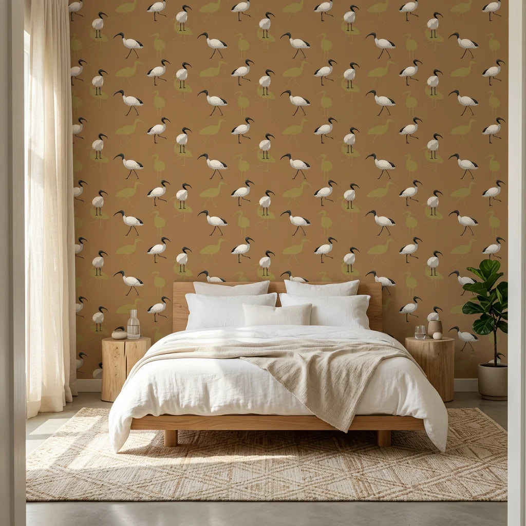 Wading Ibis dramatic rust tropical bird wallpaper adding character to a cozy bedroom