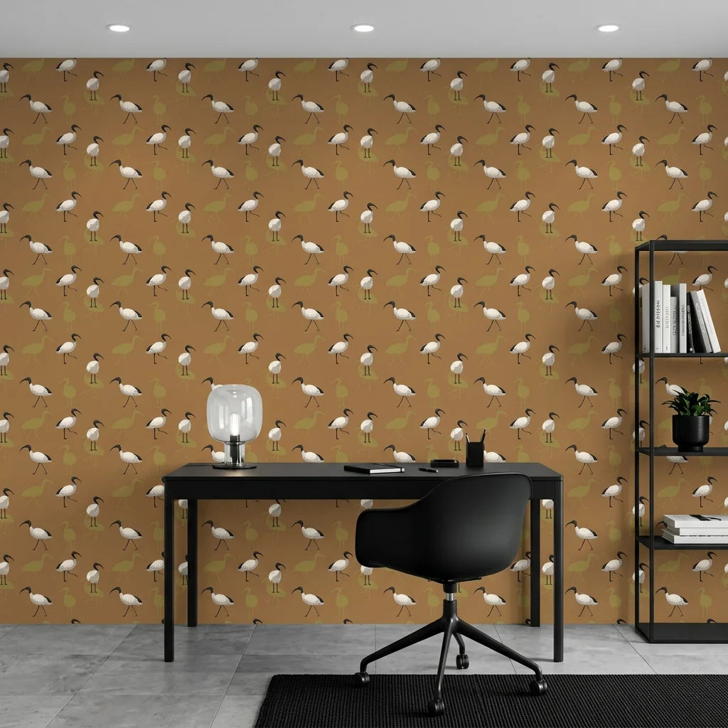 Wading Ibis dramatic rust tropical bird wallpaper as a feature wall in a bright home office