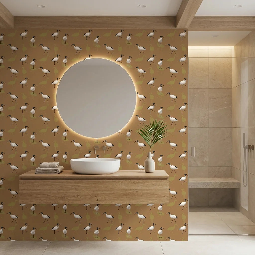 Wading Ibis dramatic rust tropical bird wallpaper creating ambiance in a serene bathroom