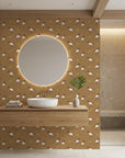 Wading Ibis dramatic rust tropical bird wallpaper creating ambiance in a serene bathroom