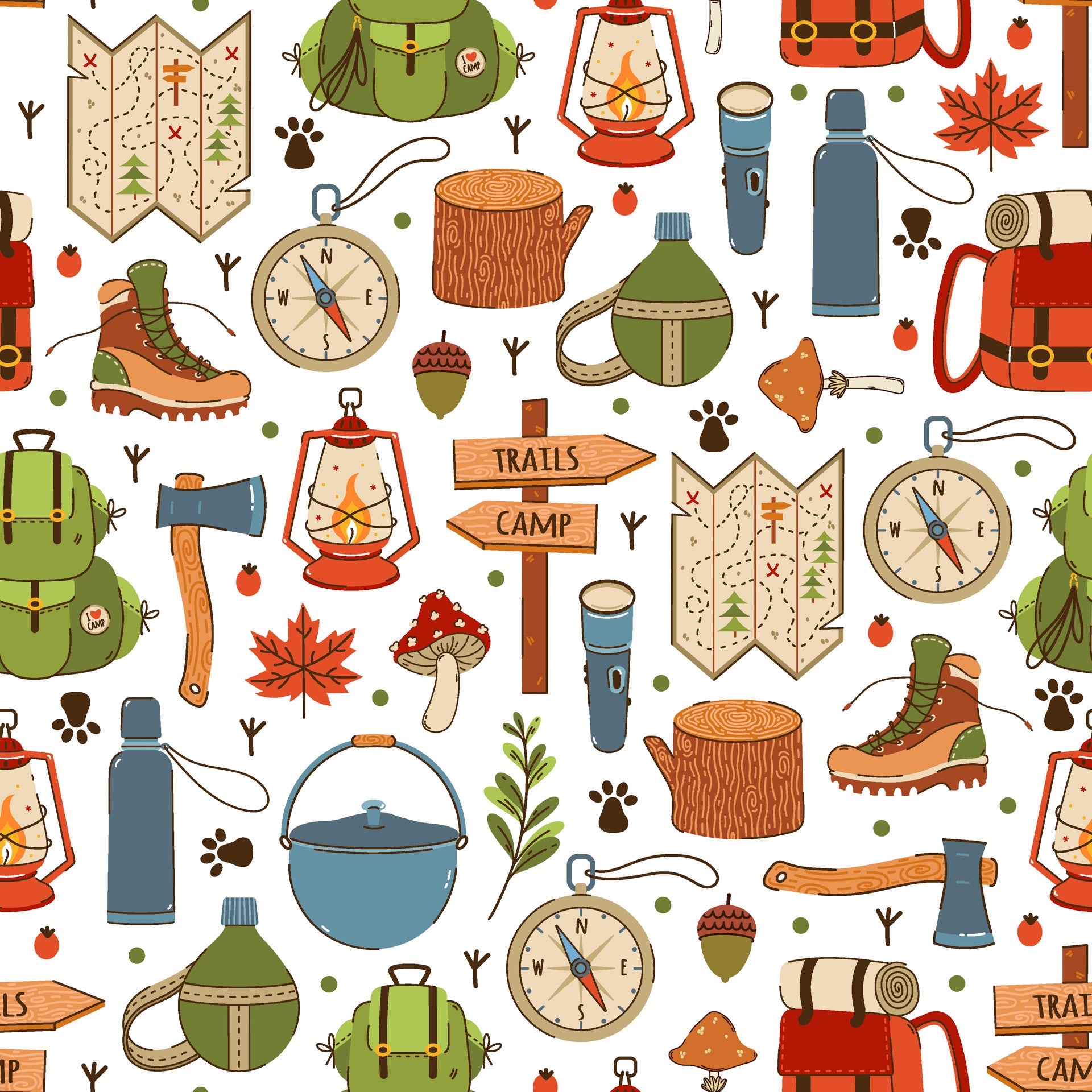 A diverse collection of adventure and camping visuals printed on a lighthearted white wallpaper.