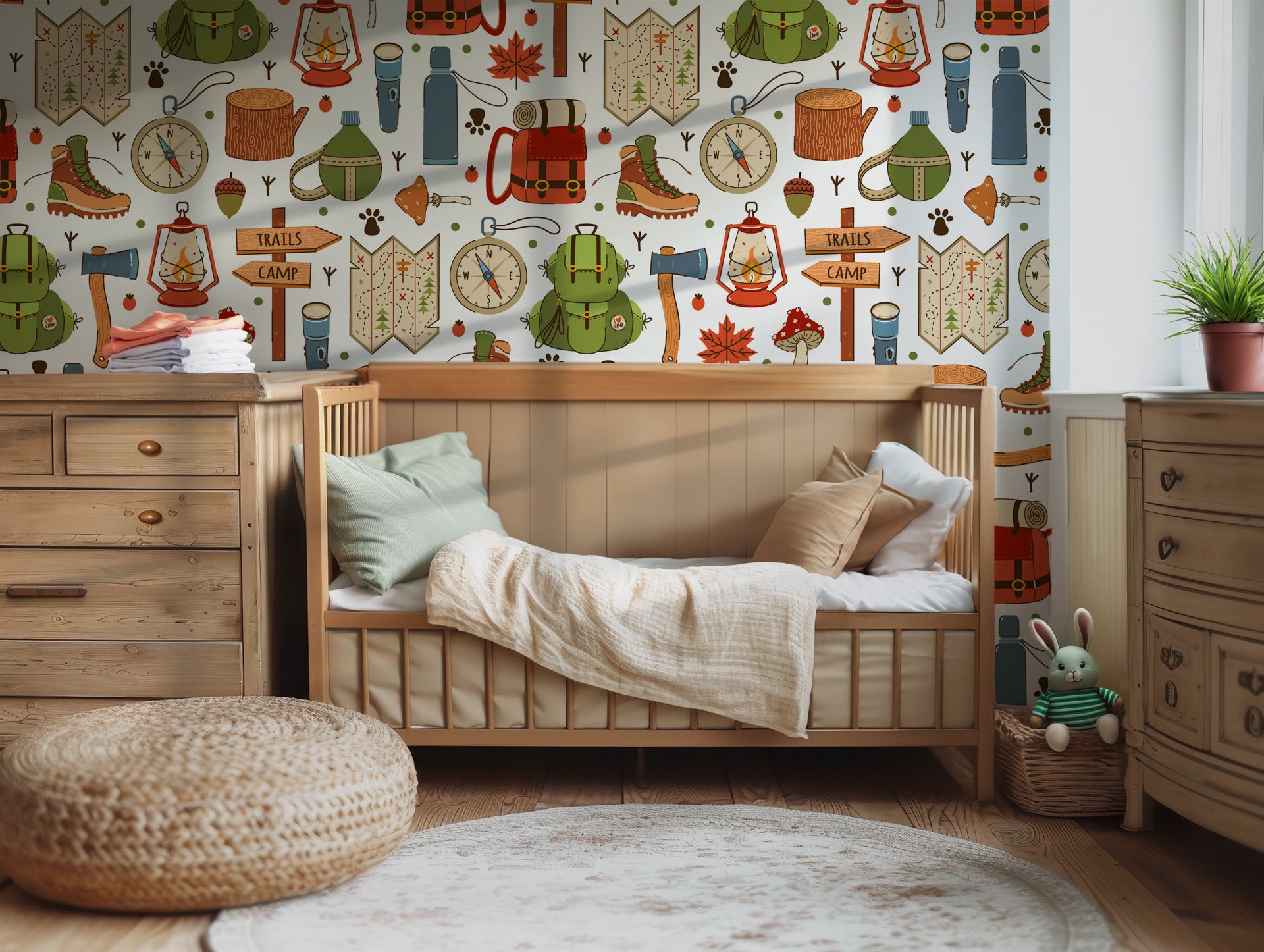 White wallpaper pattern showcasing various icons related to camping and outdoor adventure