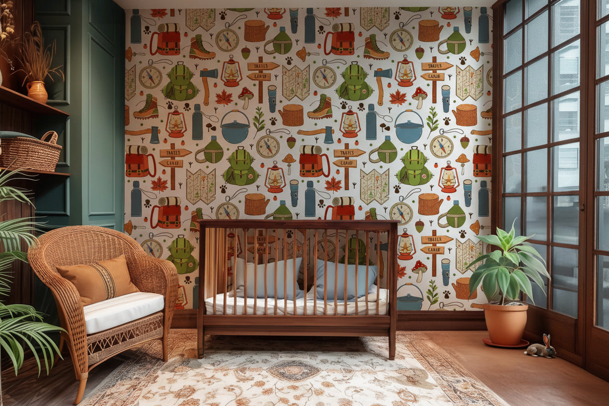 White wallpaper showcasing a wide-ranging array of diverse adventure and camping motifs