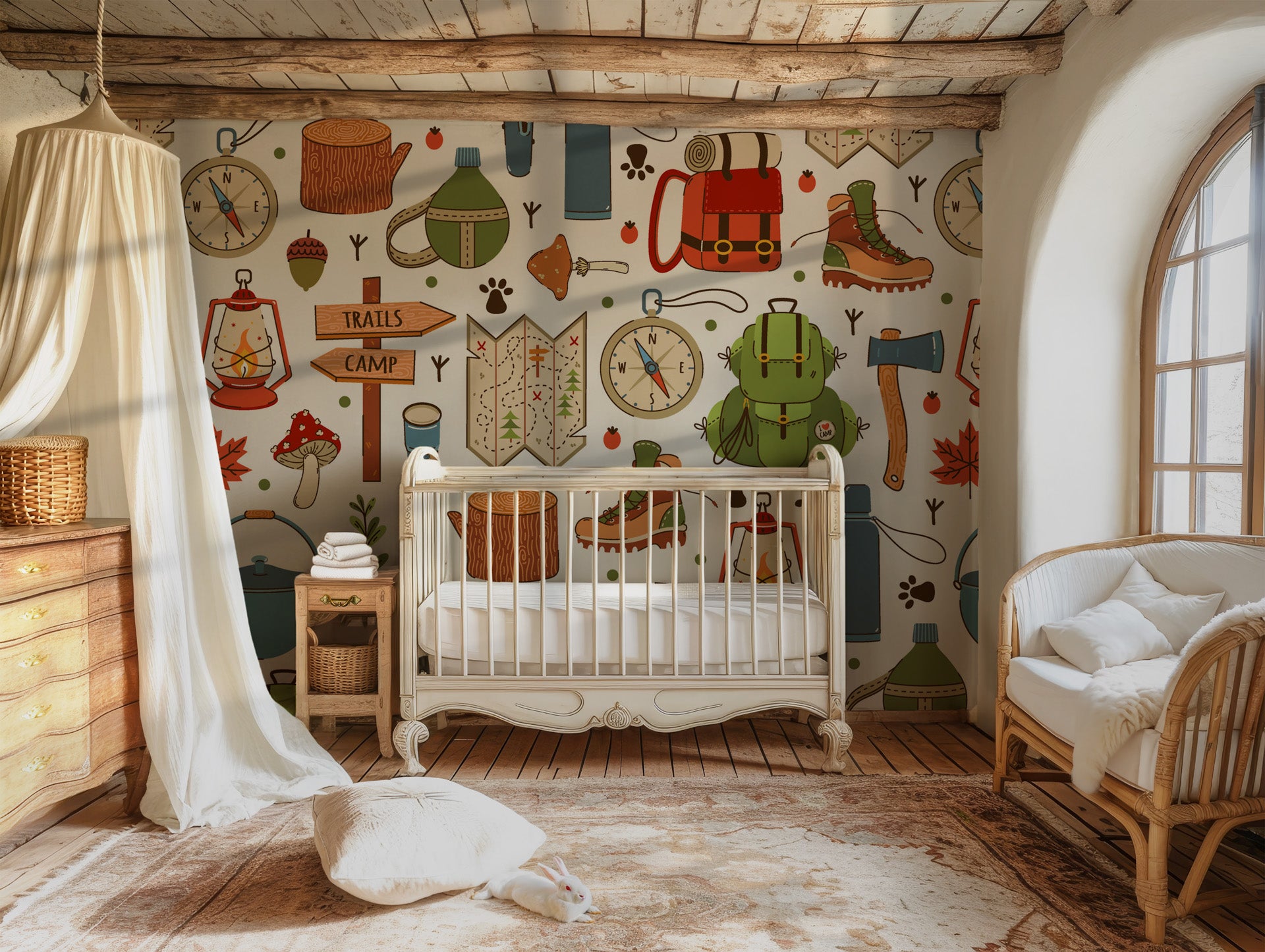 White wallpaper filled with graphics representing a wide range of camping and adventure activities.