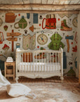 White wallpaper filled with graphics representing a wide range of camping and adventure activities.