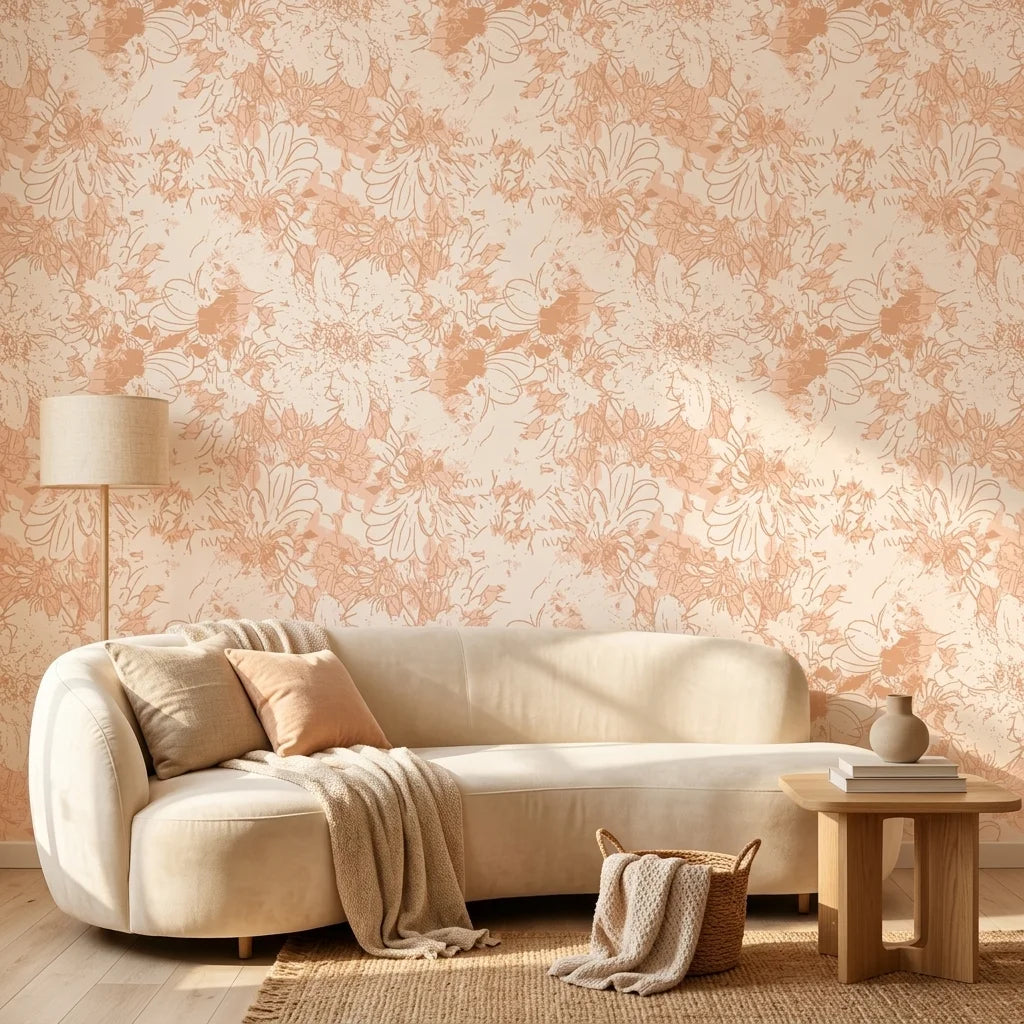 Warm Canopy neutral floral peel and stick wallpaper in a warm and inviting living room