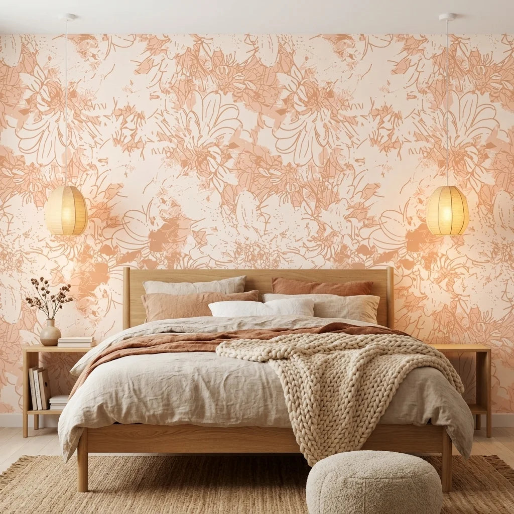 Warm Canopy neutral floral peel and stick wallpaper adding character to a cozy bedroom