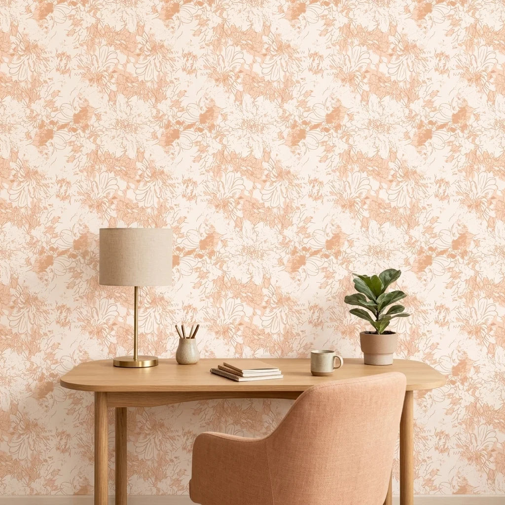 Warm Canopy neutral floral peel and stick wallpaper as a feature wall in a bright home office