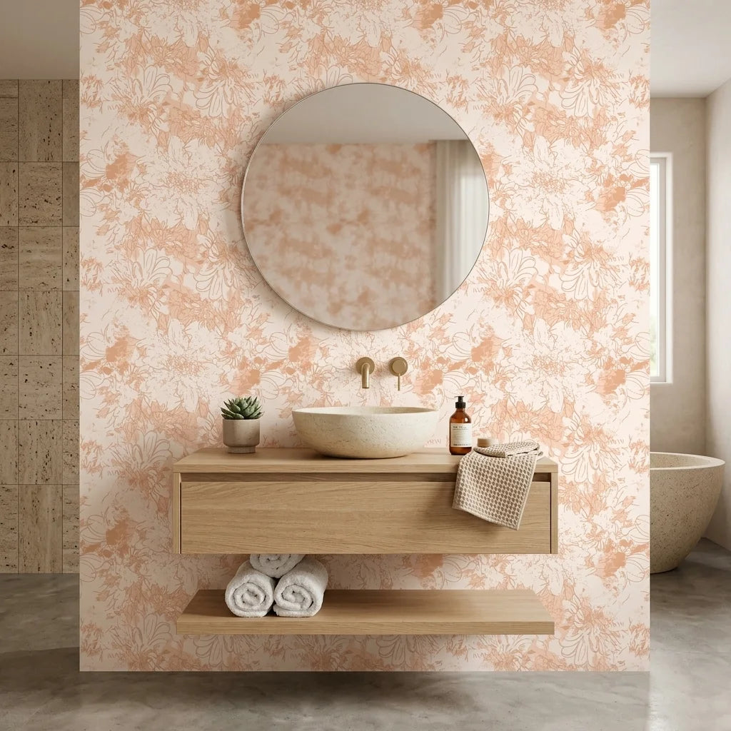 Warm Canopy neutral floral peel and stick wallpaper creating ambiance in a serene bathroom