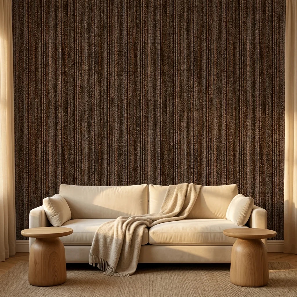 Warm Earth textured brown vertical wallpaper in a warm and inviting living room