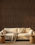 Warm Earth textured brown vertical wallpaper in a warm and inviting living room