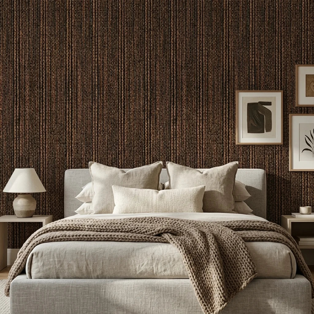Warm Earth textured brown vertical wallpaper adding character to a cozy bedroom