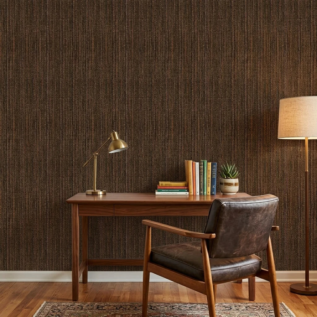 Warm Earth textured brown vertical wallpaper as a feature wall in a bright home office