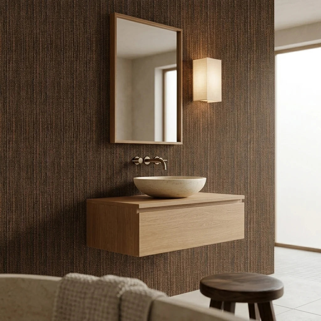 Warm Earth textured brown vertical wallpaper creating ambiance in a serene bathroom