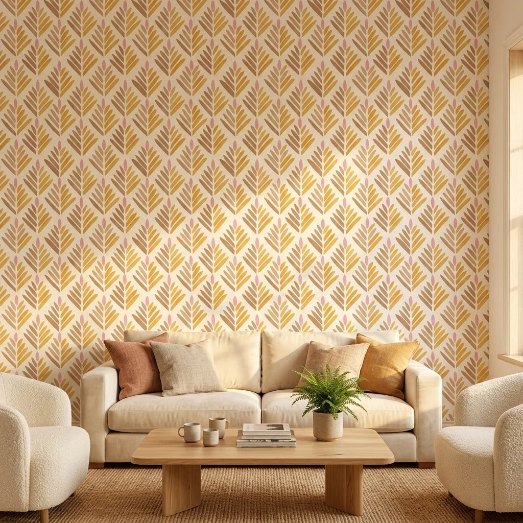 Warm Fronds earthy pink botanical wallpaper in a warm and inviting living room