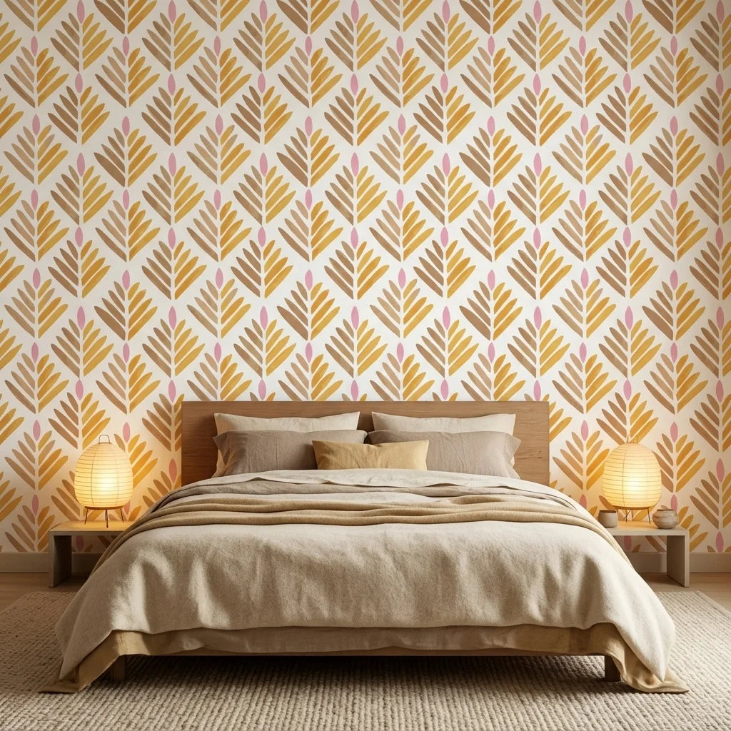 Warm Fronds earthy pink botanical wallpaper adding character to a cozy bedroom